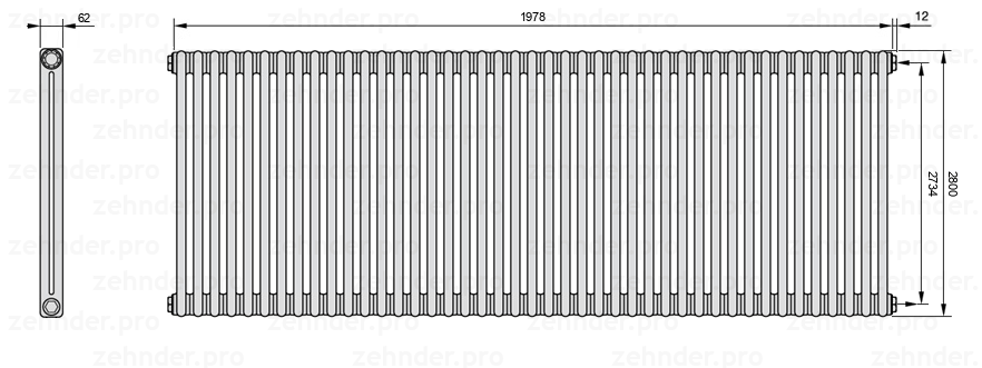 Схема (чертеж) Радиатор Zehnder Charleston 2280/43 №7610 Белый глянцевый RAL 9016